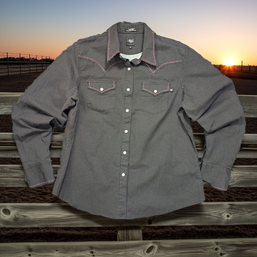 Cruel Girl Womens XL Western Snap Shirt Black Polka Dot Pink Stitch CT21243003